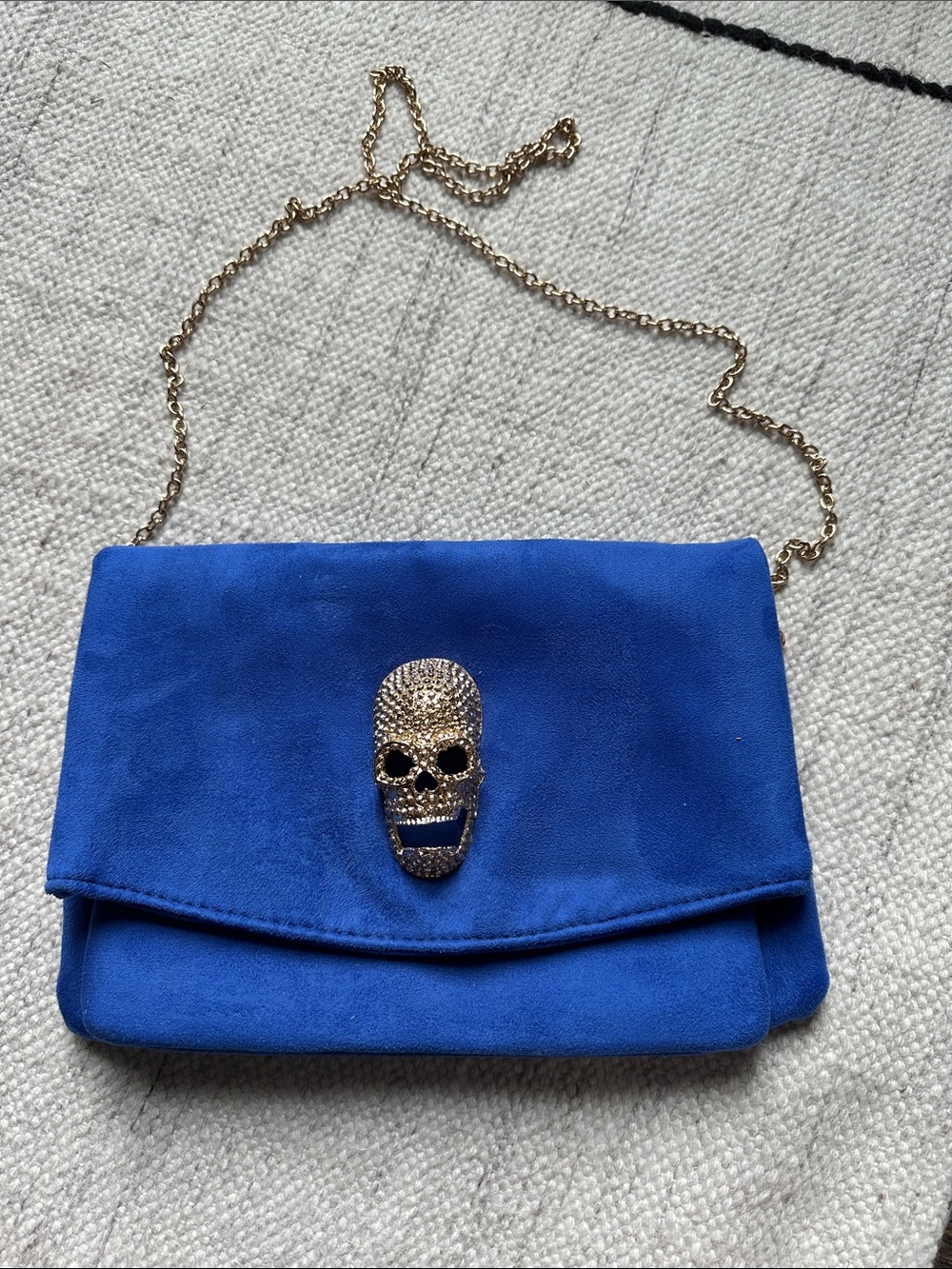AKIRA Cobalt Blue Suede Skull-Embellished Chain Clutch